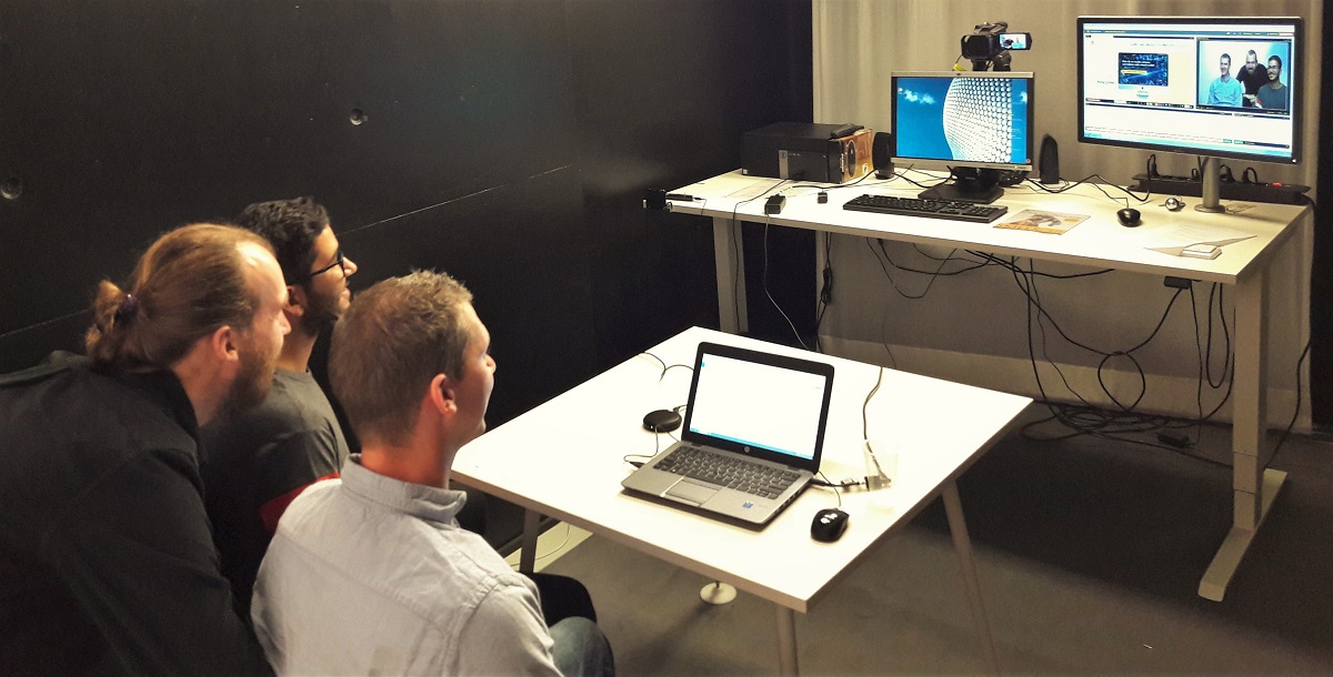 The setup used to give the webinar on Game and Media Technology, accompanied by Ishdeep Bandhari, Maarten Löffler and Roland Geraerts. (c) Katrien Pouwels (facilitator webinar).