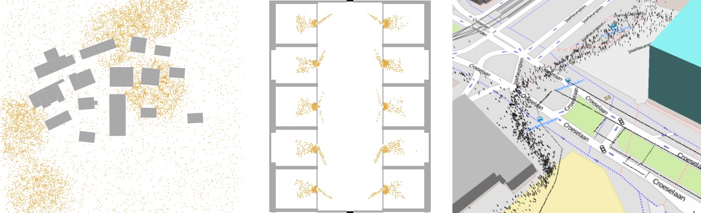 Some of the different test scenarios. The left pictures shows the scenario with a clustered distribution of
agents; the middle picture shows the evacuation scenario, and the right picture shows one of the Tour de France scenarios.