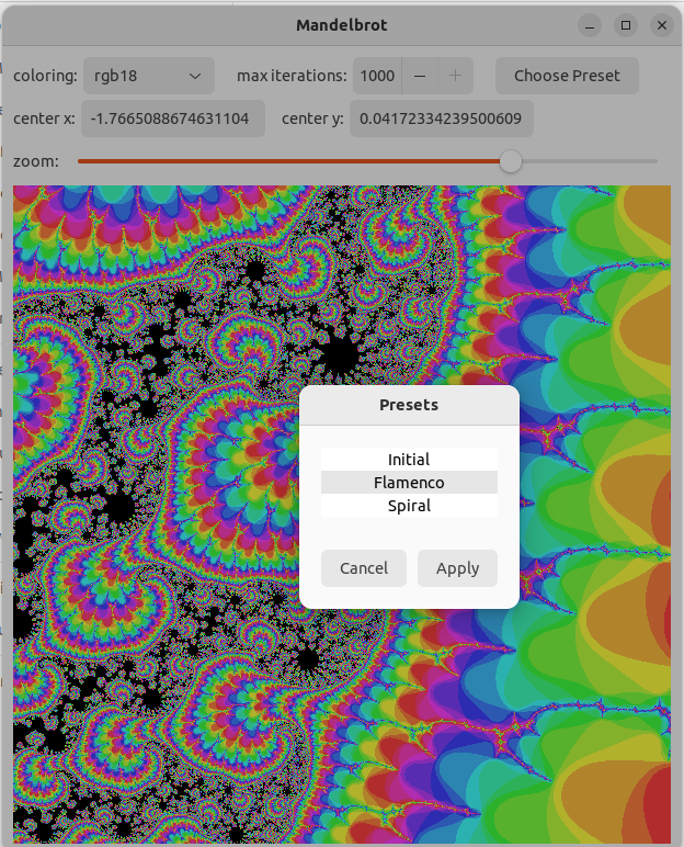 mandelbrot with preset popup
