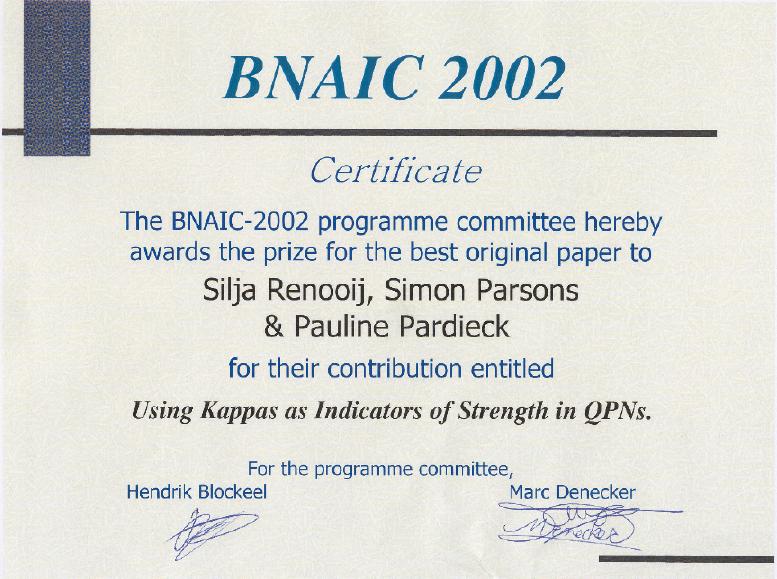 Best Paper Award BNAIC 2002