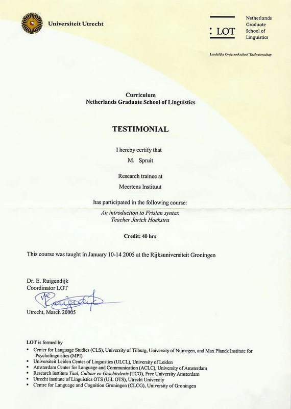 Testimonial LOT 2005 - An introduction to Frisian syntax