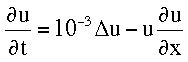 du/dt = 0.001 Laplace u - u du/dx - u du/dy